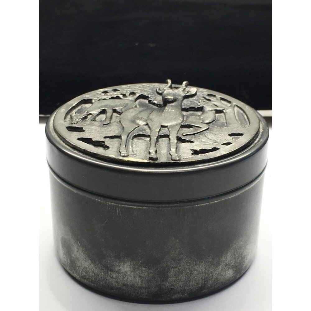 Vintage Metzke Trinket Box Pewter Tin Container Round Antelope Deer with Lid